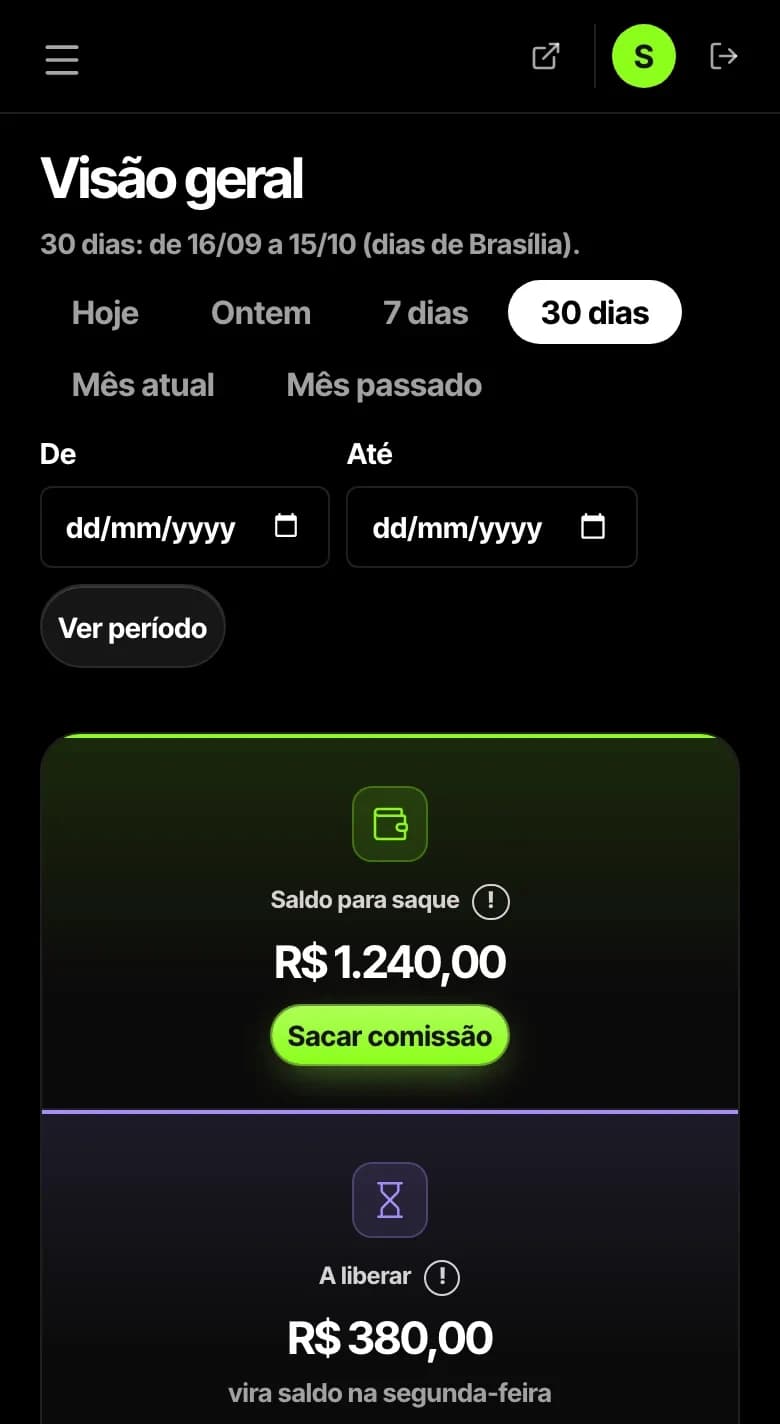 O painel do parceiro no celular: saldo para saque, a liberar e comissão do período